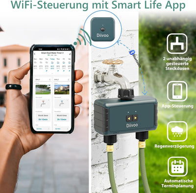 Diivoo Bewässerungscomputer WLAN 2 Ausgänge, Smart Bewässerungsuhr für Garten Bewässerung kompatibel