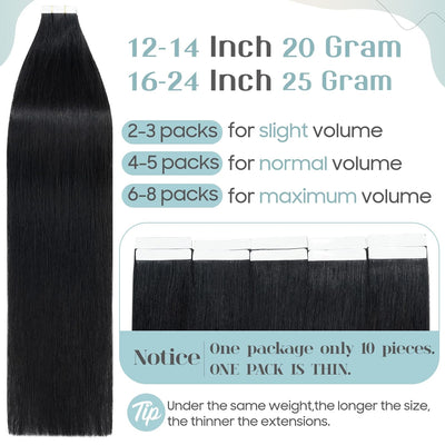 S-noilite Tape Extensions Echthaar 10pcs Extensions Echthaar Tiefschwarz Tape In Extensions Echthaar