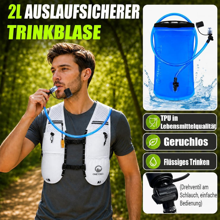 Laufweste Damen mit 500ml Trinkflasche/2L Trinkblase, Leichter Trinkrucksack Laufen Herren 6L, Runin