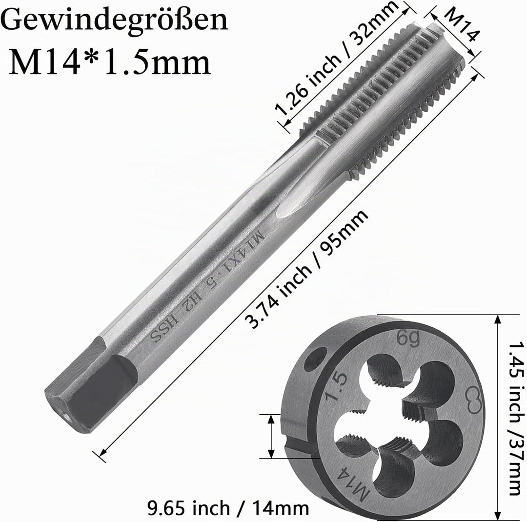 Gewindeschneid M14 x 1.5mm, HSS Gewindebohrer und Schneideisen Set, Rechtsgewinde Feingewinde Schnei