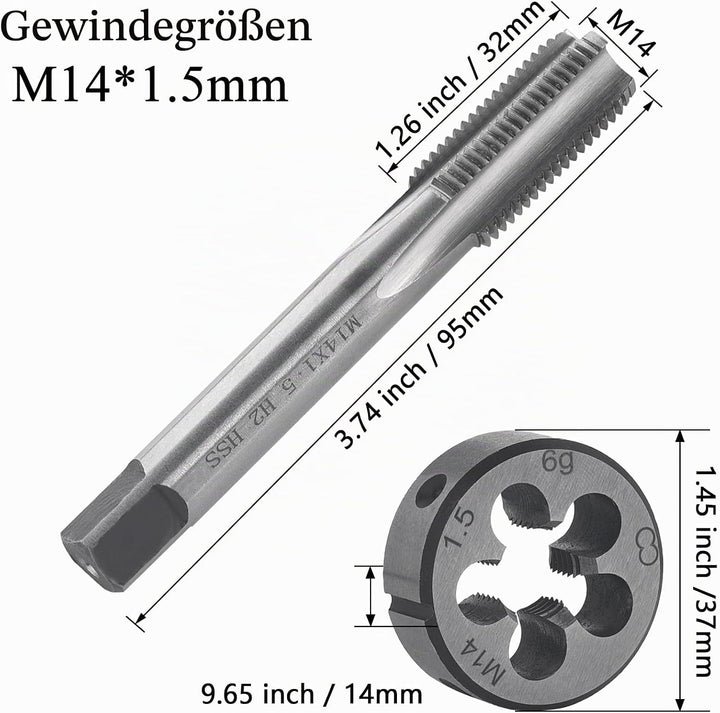 Gewindeschneid M14 x 1.5mm, HSS Gewindebohrer und Schneideisen Set, Rechtsgewinde Feingewinde Schnei