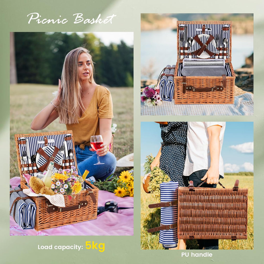 Picknickkorb,Picknickkorb 4 Personen mit Grossem Isoliertem Kühlfach und wasserdichte Picknickdecke,