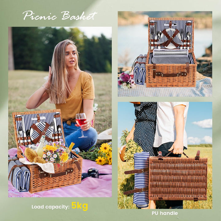 Picknickkorb,Picknickkorb 4 Personen mit Grossem Isoliertem Kühlfach und wasserdichte Picknickdecke,