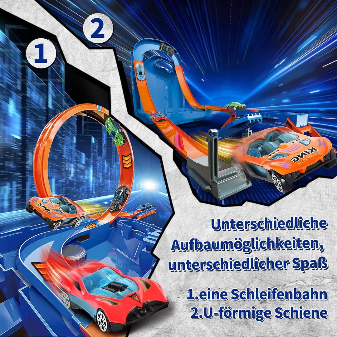 Autorennbahn für Kinder, Rennstrecke Auto Spielzeug mit 6 Autos, Aufbewahrungsbox, Auto Rennbahn Mit