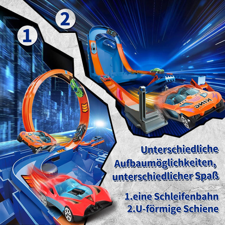Autorennbahn für Kinder, Rennstrecke Auto Spielzeug mit 6 Autos, Aufbewahrungsbox, Auto Rennbahn Mit