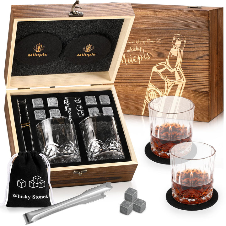 Whisky, Whisky Gläser Set, Whisky Steine Geschenkset, 8 Whiskey Steine & 2 Twisted Whisky Gläser & 2