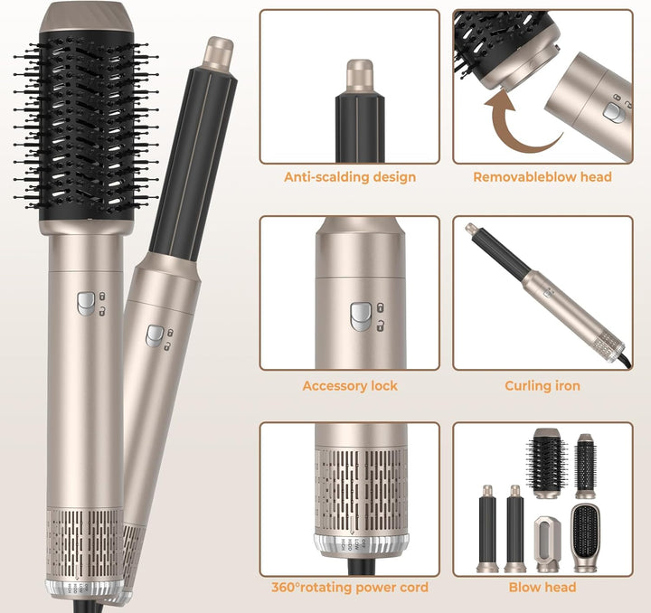 6 in 1 Hairstyler 1000w Rundbürstenföhn Haartrockner,Airstyler Lockenstab mit Luft, 3 Temperaturrege