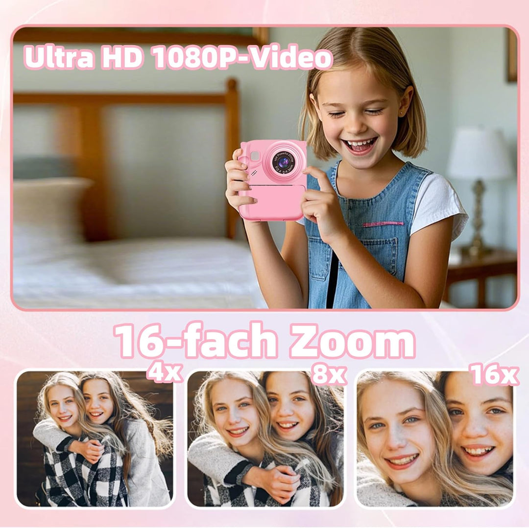 Kinder Sofortbildkamera 1080P, Digitalkamera für Kinder mit Sofortdruck, 32GB Speicherkarte & 3 Druc