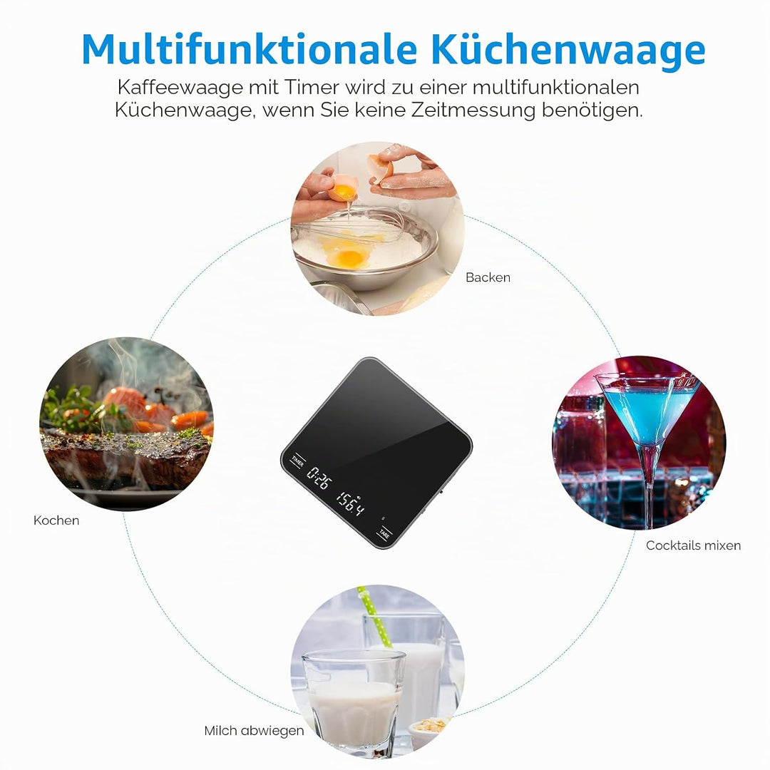 Brifit Mini Kaffeewaage mit Timer, Espresso Waage 2kg/0.1g, Feinwaage mit 3 Masseinheit, USB Wiedera