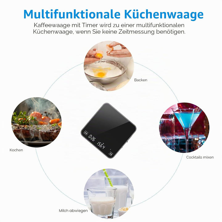 Brifit Mini Kaffeewaage mit Timer, Espresso Waage 2kg/0.1g, Feinwaage mit 3 Masseinheit, USB Wiedera