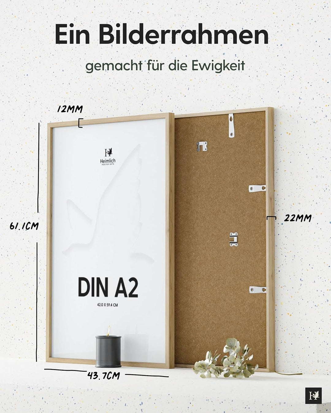 Heimlich® 1x Bilderrahmen DIN A2 42x59,4 cm Eiche Rahmen 1-Pack | Dokumentenrahmen 42x59,4 cm Gross