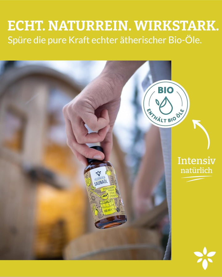 Heldengrün BIO Saunaaufguss Zitruszauber [ECHTE BIO-ÖLE] - Saunaöl mit Mandarine, Zitrone & Lemongra