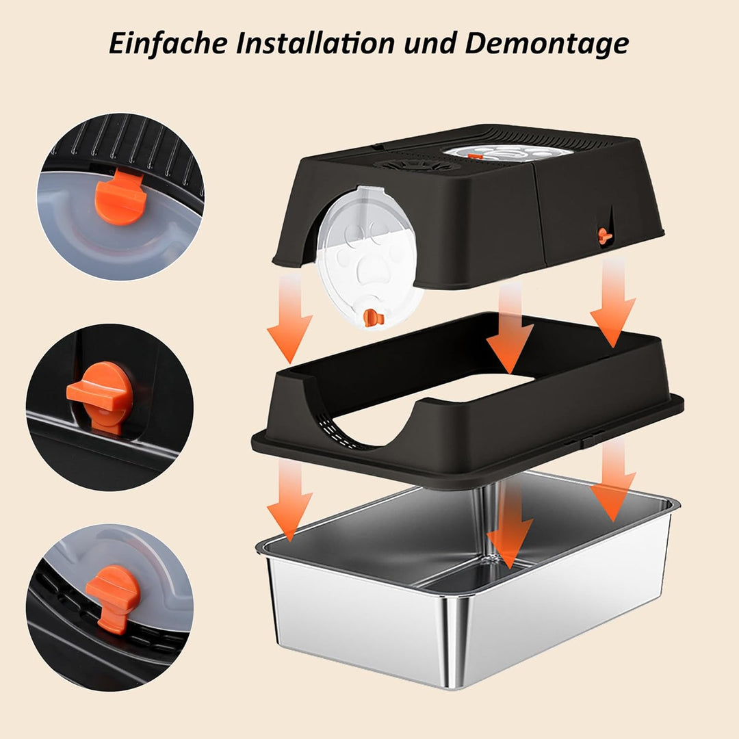 CALIYO Katzentoilette, Katzenklo Edelstahl mit Deckel, 3 in 1 Cat Litter Box, Katzenklo mit Schaufel