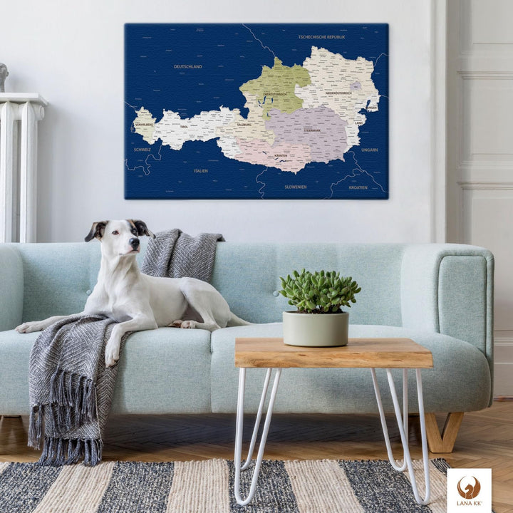 Leinwandbild - Österreichkarte Blau - 80 x 60 cm, Premium Qualität, Deutsch Blau 80 x 60, Blau 80 x
