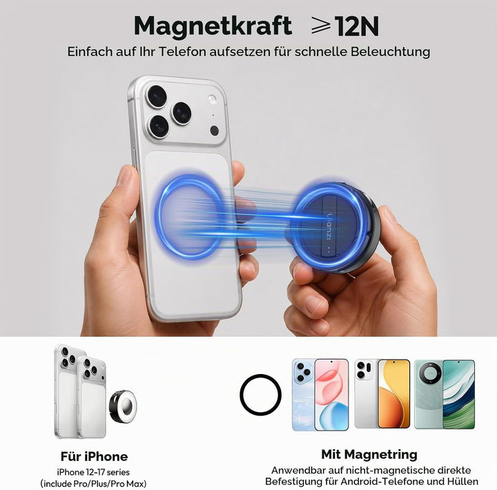 ULANZI ML05 Magnetische Selfie Licht für iPhone, Dual Magnet LED Ringlicht mit Spiegel, 9000K CRI≥97