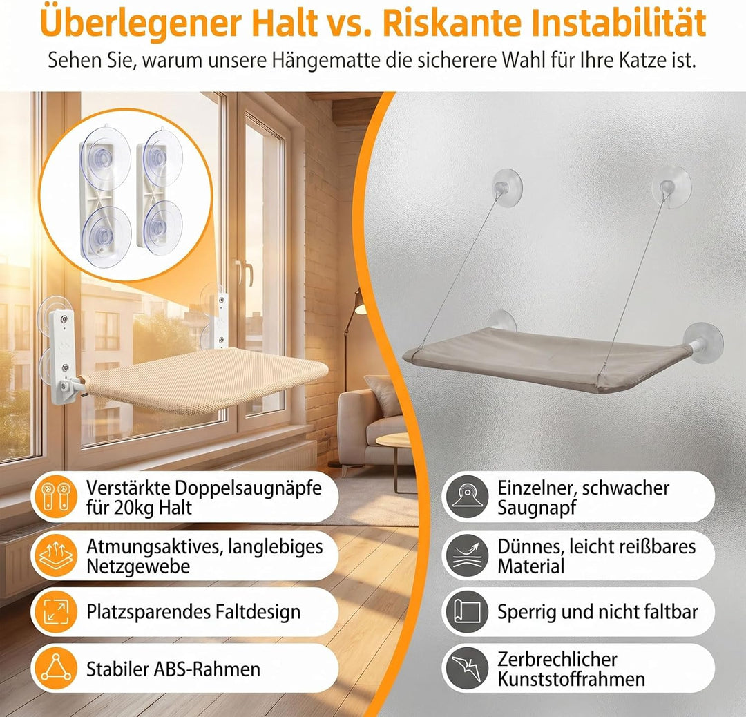 Fensterliege für Katzen, Katzenbett Fenster, Faltbare Hängematte Katze mit Starken Saugnäpfen, 30x52