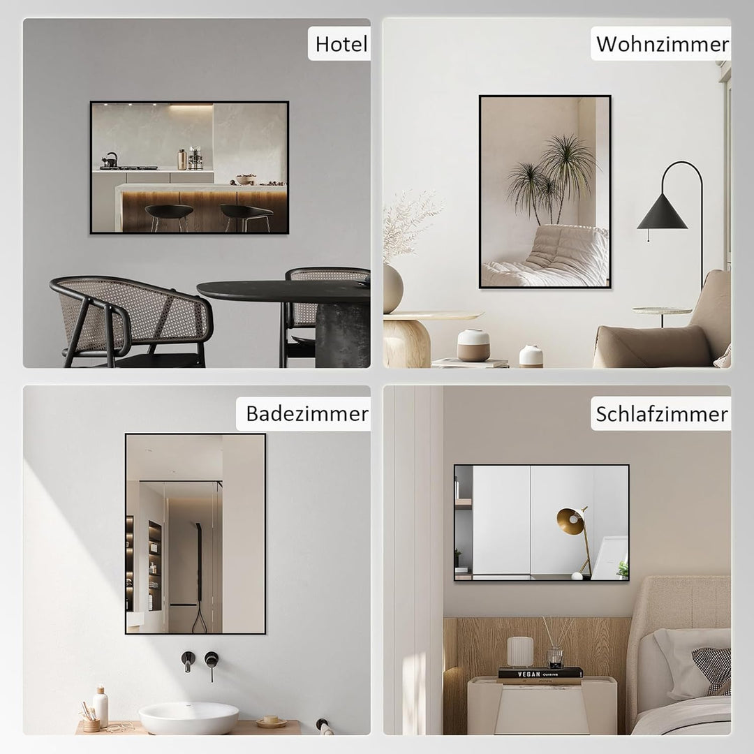 Wandspiegel,Spiegel gross Schwarz Rechteckiger Edelstahl Kosmetikspiegel und Splitterschutz für Bade