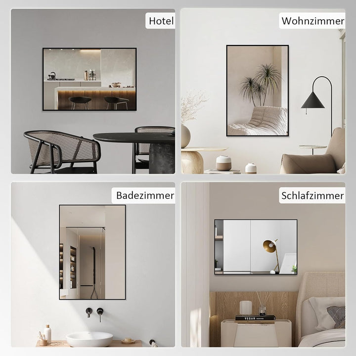 HY-RWML Wandspiegel, Schwarz Spiegel gross 60x80 cm Rechteckiger Edelstahl Splitterschutz und Kosmet