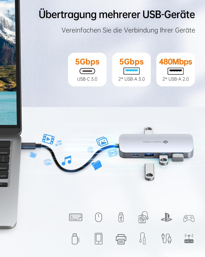 NOVOO USB C Hub 9 in 1 USB C Adapter 4K@60Hz HDMI,4*USB A+1*USB C Datenports,100W PD,SD/TF Docking S