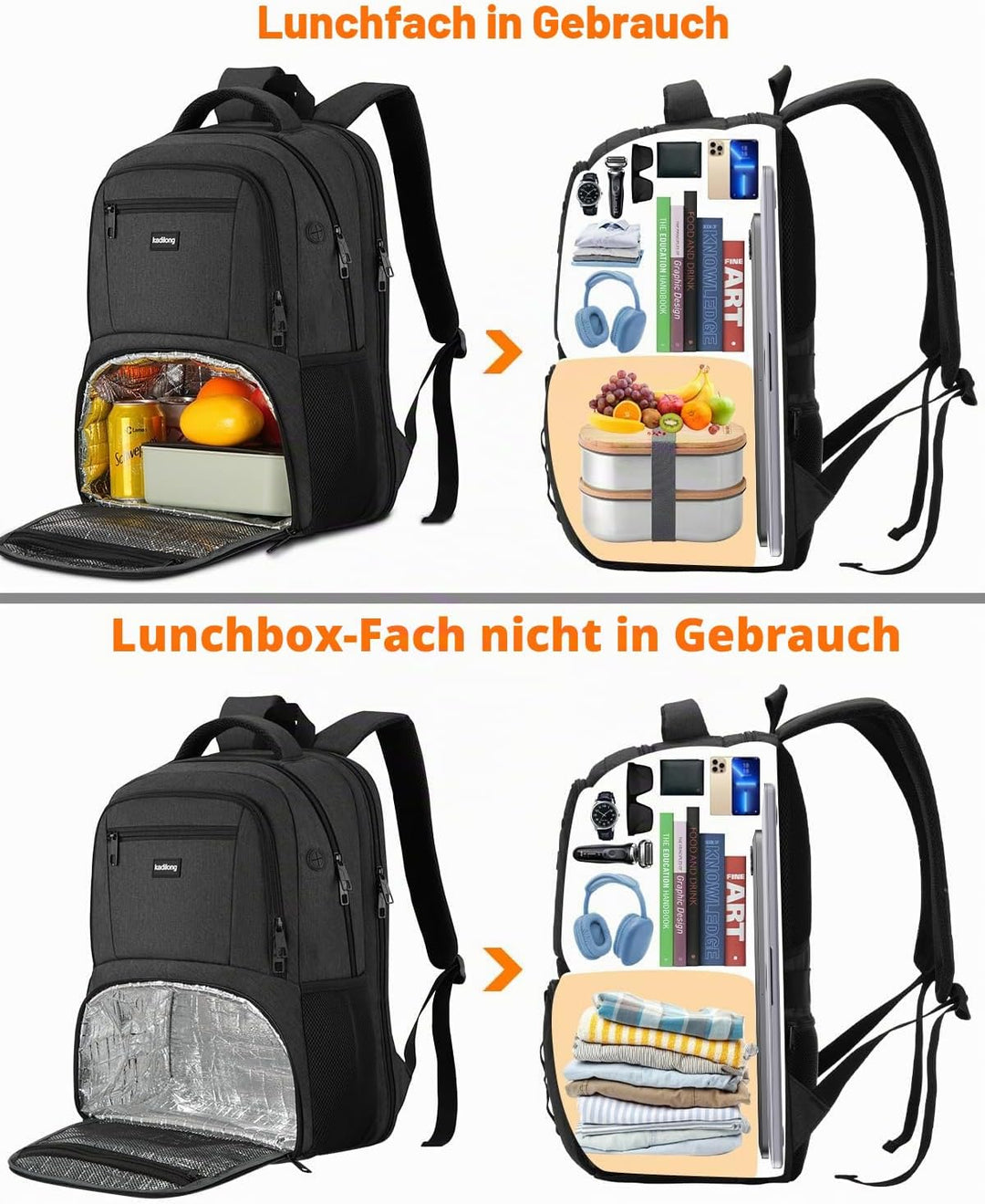 kadilong Lunch Rucksack Herren,Gross Lunch Rucksack 17,3 Zoll für Arbeit Reisen Schule Picknick Uni