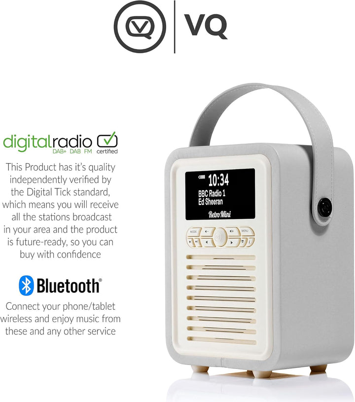 VQ Retro Mini DAB/DAB+ Digital- und FM-Radio mit Bluetooth und Weckfunktion - Hellgrau