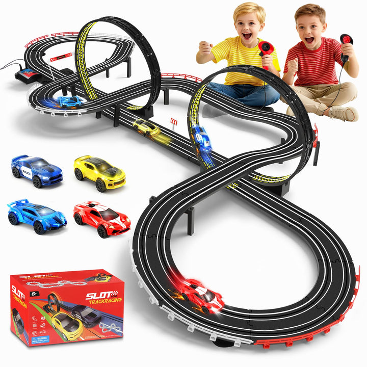 Autorennbahn Rennbahn Kinder, 1:64 Autobahn Duale Elektrische Rennstrecke - 4 LED Autos, Rundenzähle