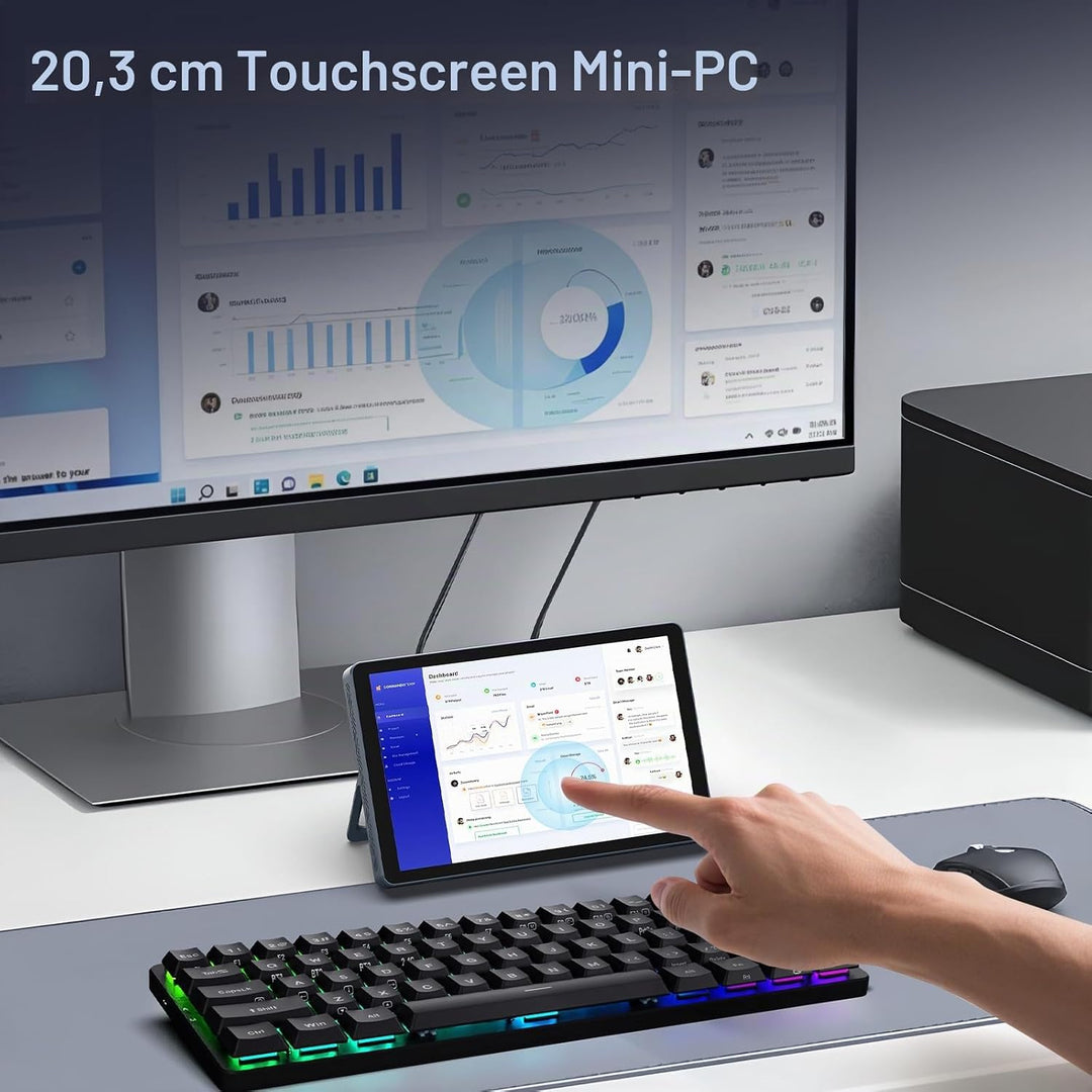 Mini PC N150 (bis zu 3,6 GHz), Micro Desktop Computer 12 GB DDR5 RAM, M.2 SSD Mini-PC mit 8-Zoll-Tou