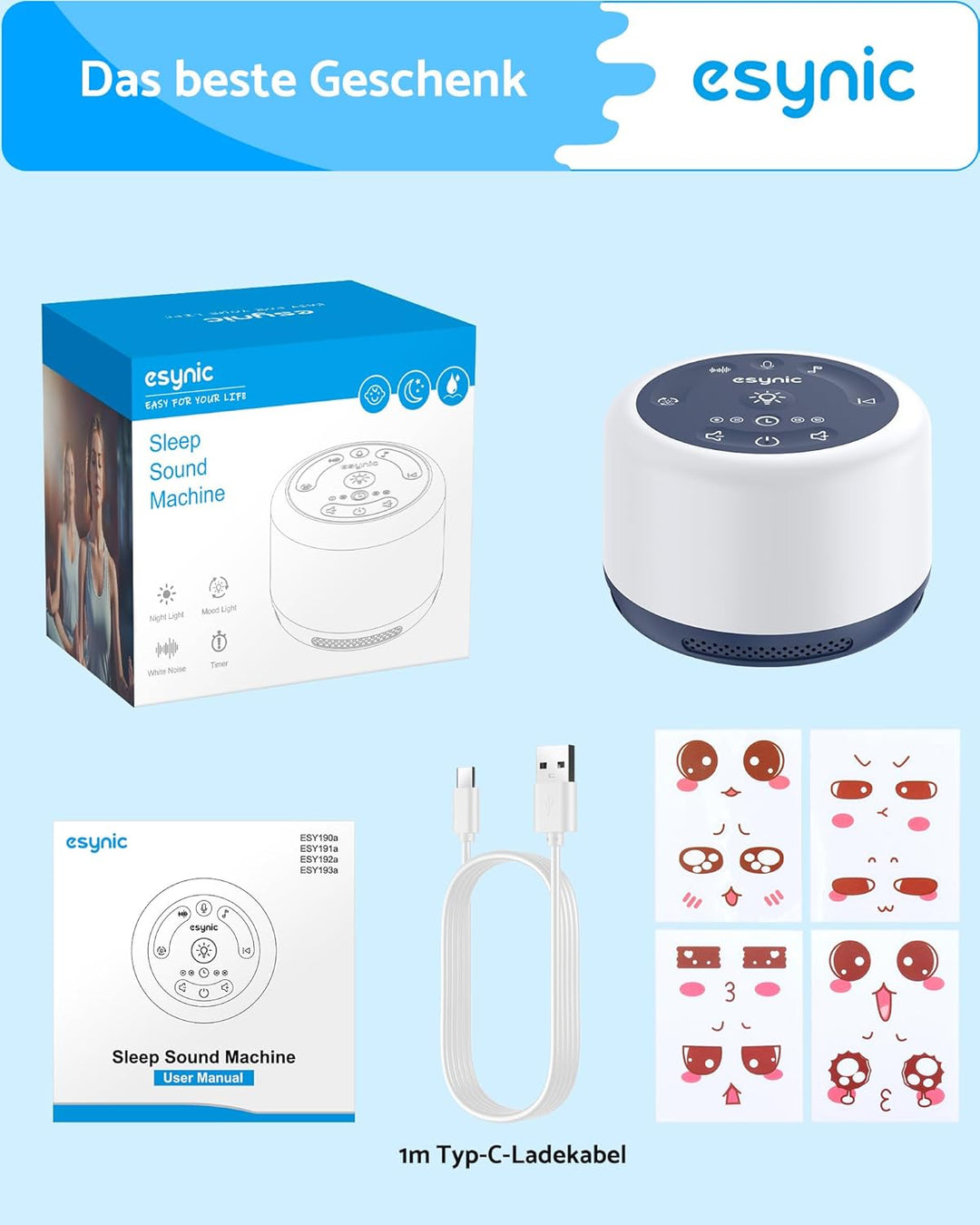 eSynic White Noise Machine Baby Weisses Rauschen Einschlafhilfe LED Stilllicht mit 30 Klänge & 7 Far