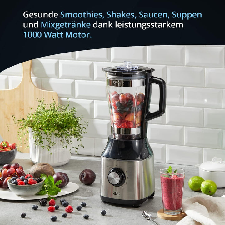 KHG Smoothie Maker Standmixer aus Glas für 1,75 Liter in Schwarz & Edelstahl, mit Messskala, Nachfül