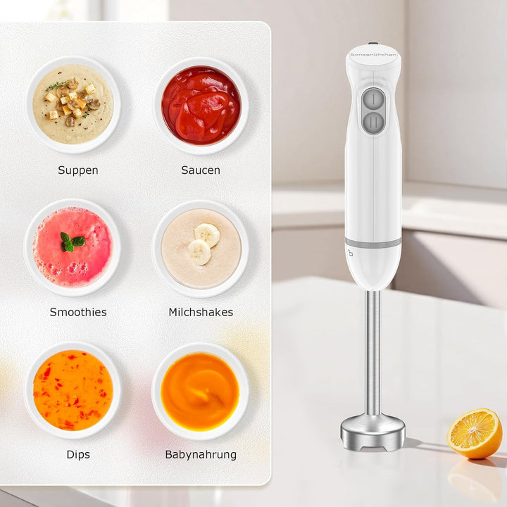 Bonsenkitchen 2-in-1 Pürierstab, 1000 W Edelstahl-Stabmixer, 2 Geschwindigkeiten, mit 700 ml Messbec