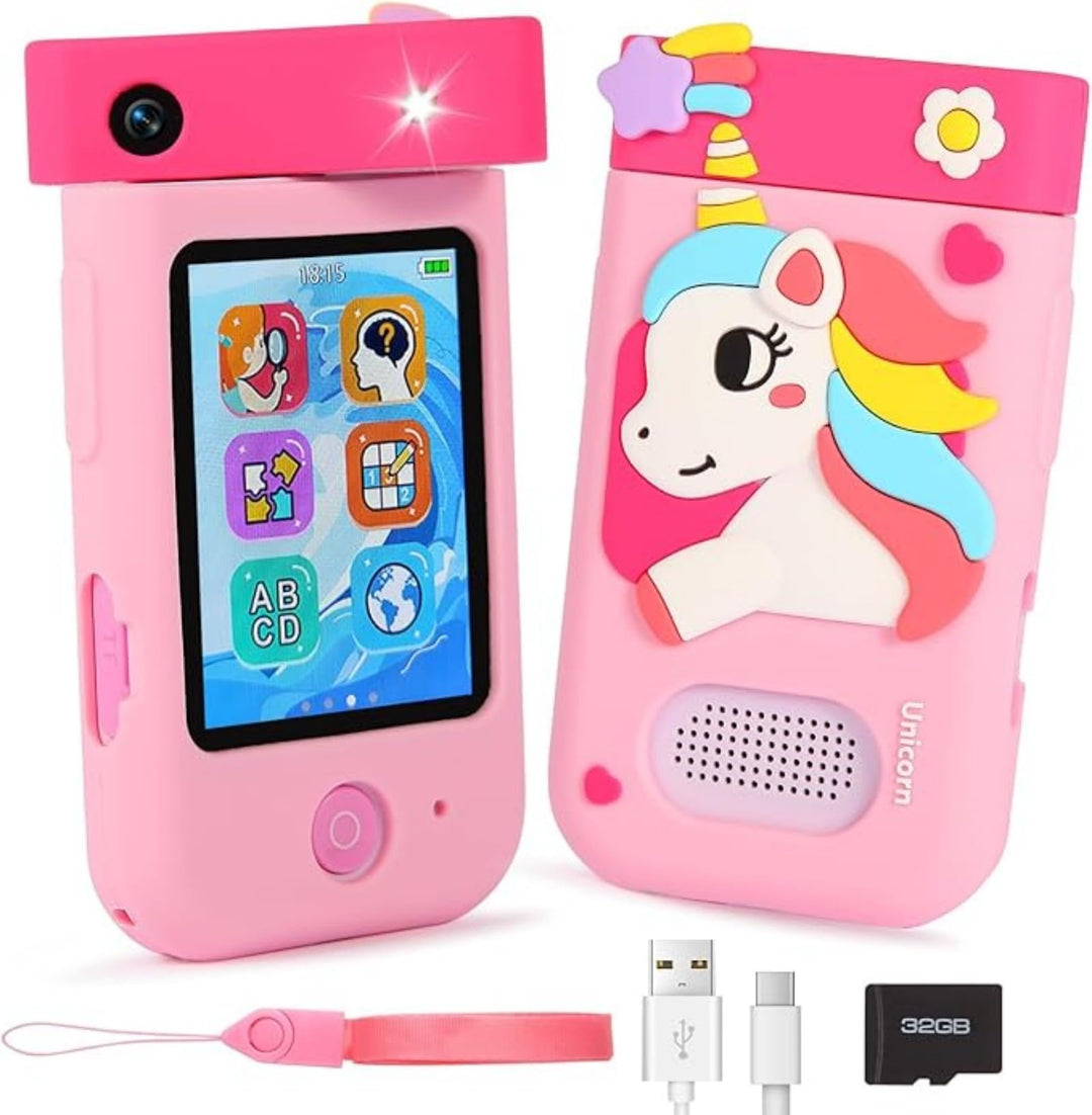 ARNSSIEN Kinder Handy Smartphone Spielzeug mit 180° Drehobjektiv &32GB Karte, Kinderkamera mit Touch