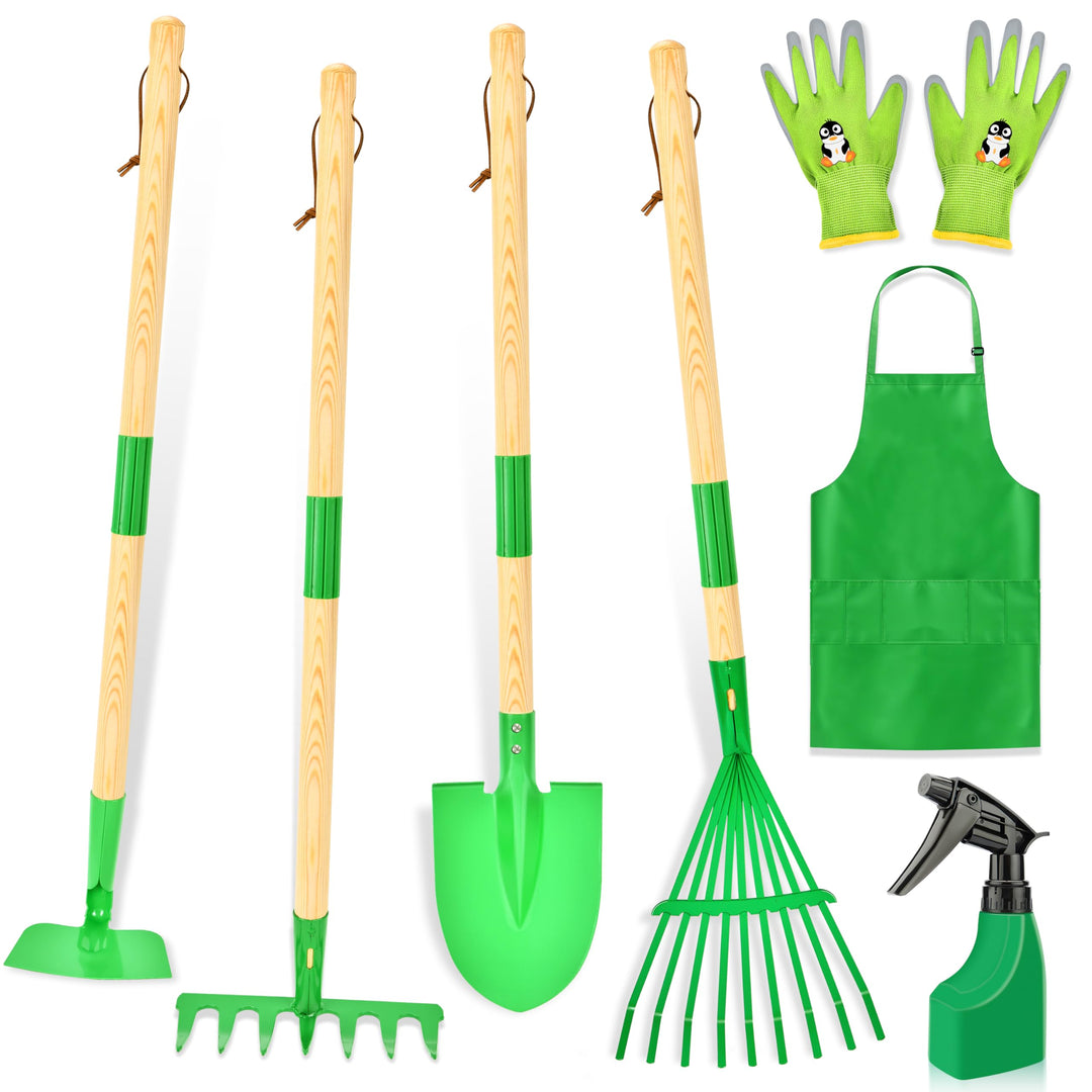 IEEILULU Kinder Gartengeräte Set, Gartenwerkzeug Kinder aus Holz 7 Teilig, Gartenspielzeug Abnehmbar