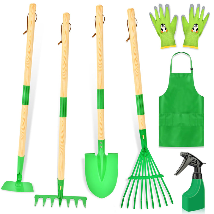IEEILULU Kinder Gartengeräte Set, Gartenwerkzeug Kinder aus Holz 7 Teilig, Gartenspielzeug Abnehmbar