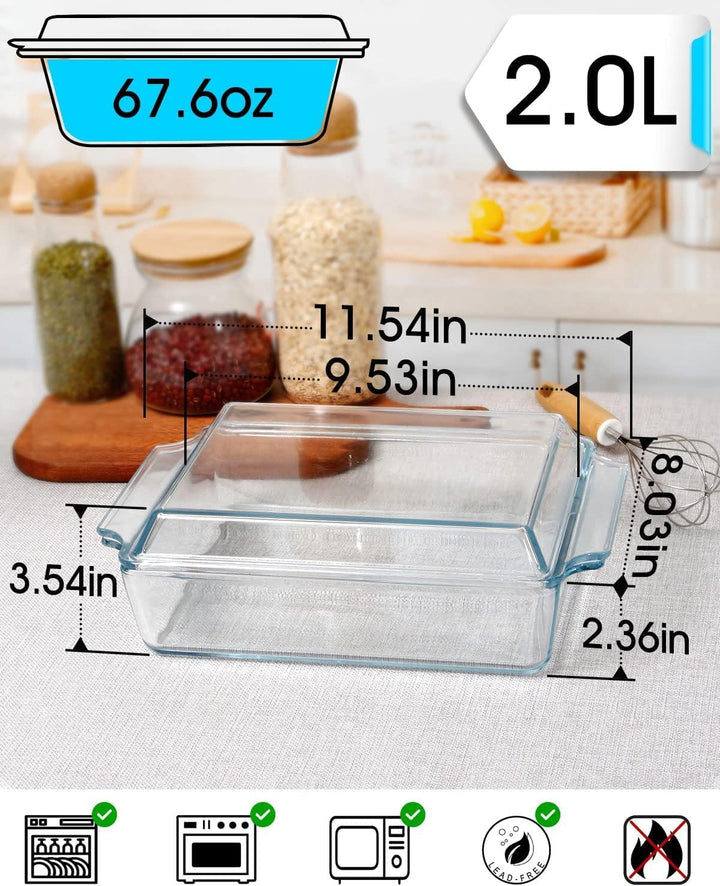 Rechteckige Auflaufform mit Deckel, 2L Lasagneformen 24x20x6cm, Glasauflauf für 2 Personen, Mikrowel