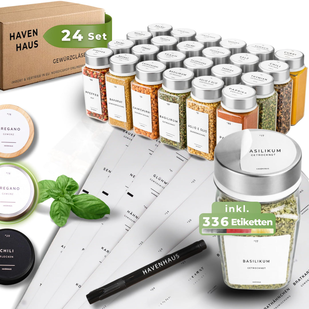 Gewürzgläser Set | hochwertiges Komplettset aus 24x Gewürz Gläser [120ml] inkl. 336 deutschen Gewürz