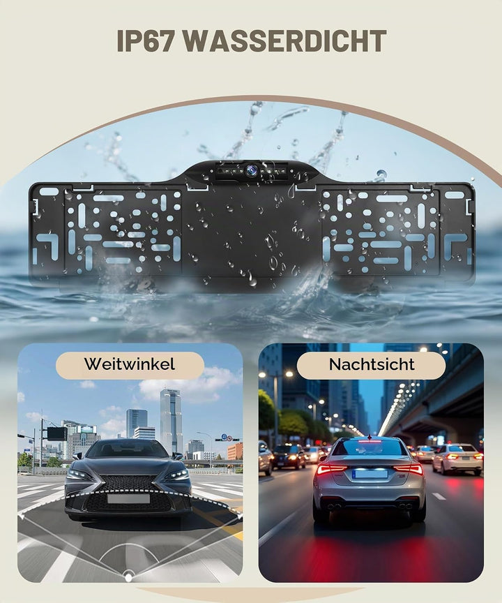 Rimoody Rückfahrkamera 1080P AHD für EU-Kennzeichen - Kabellose Einparkhilfe mit 7X LEDs, IP67 Wasse