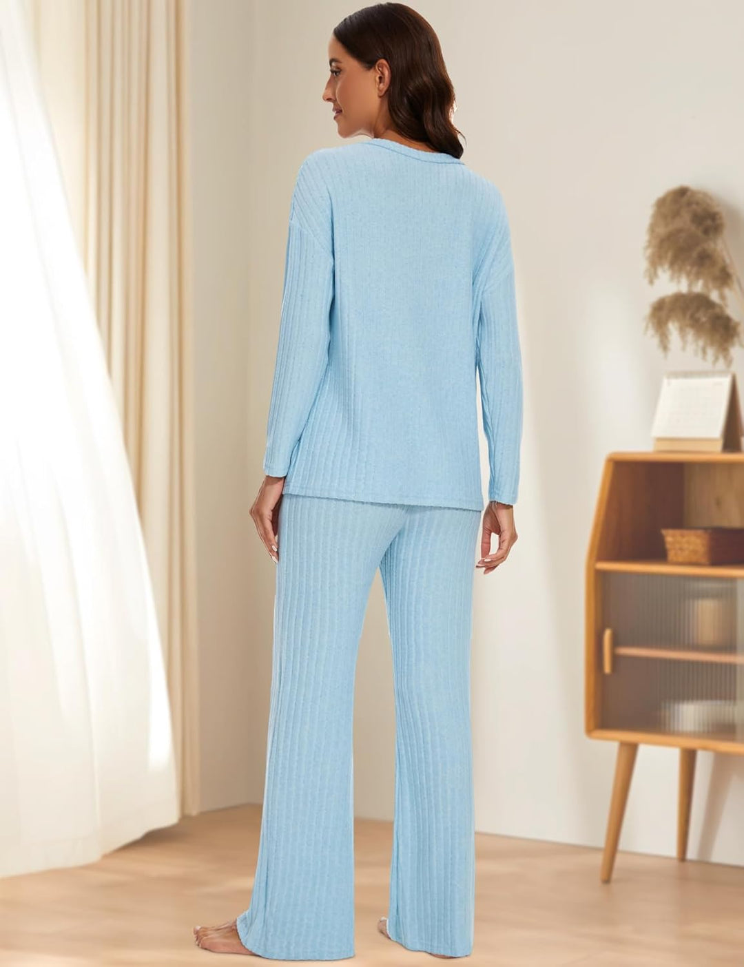 Schlafanzug Damen Lang Zweiteiler Nachtwäsche Set Warm Pyjama mit V-Ausschnitt Top und Hosen mit Tas