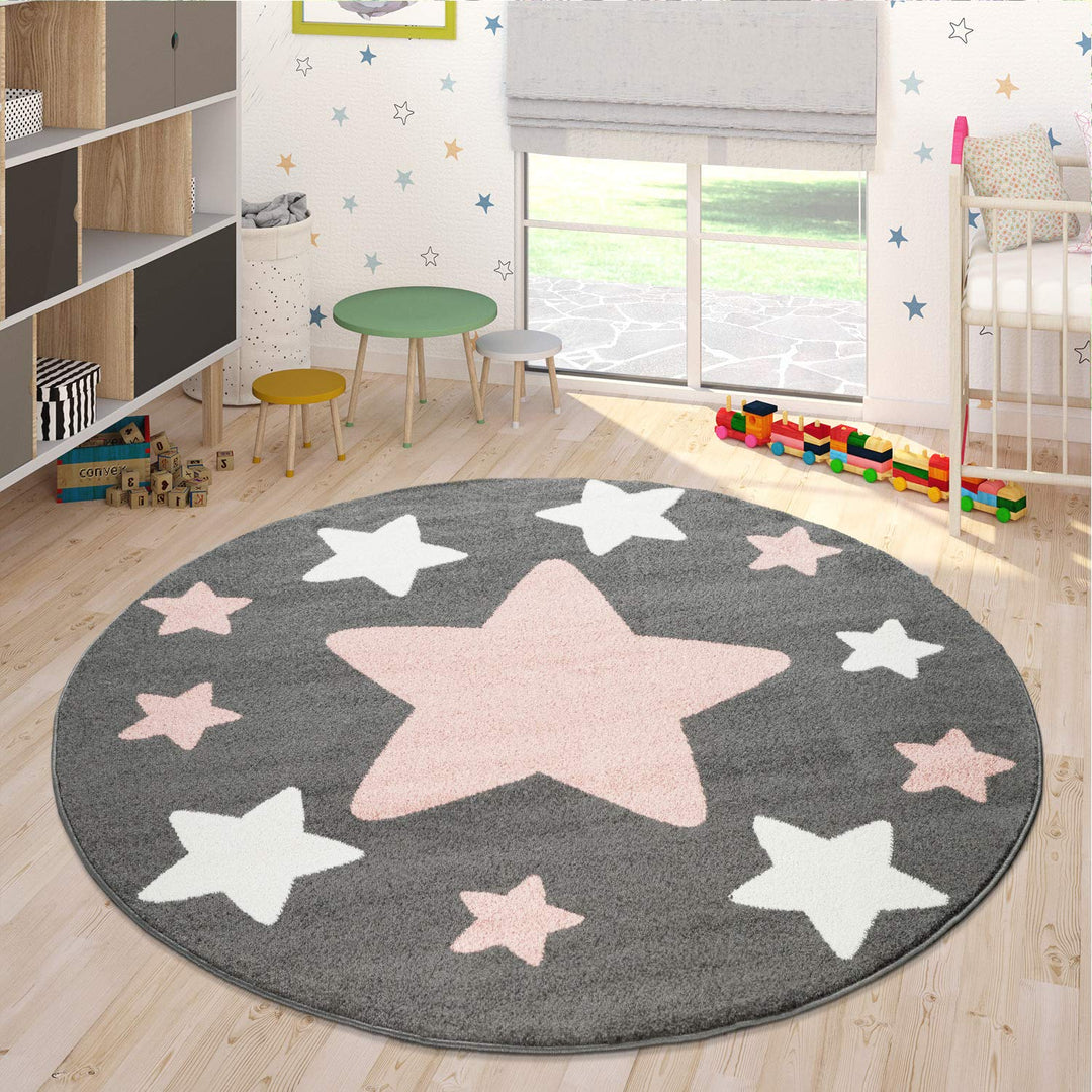 Paco Home Teppich Kinderzimmer Kinderteppich Grosse Und Kleine Sterne In Grau Rosa, Grösse:Ø 160 cm