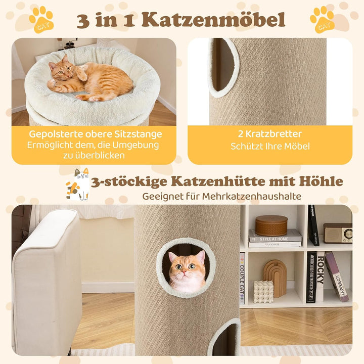 GYMAX Kratztonne Ø 40 cm, Höhe 103 cm, 3-stöckige Katzentonne mit gepolsterter Aussichtsplattform, 2