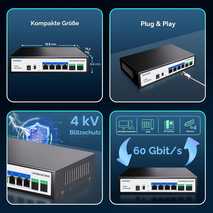 Goalake Multi-Gigabit Desktop-Switch, 6 Ports, 2,5 G, nicht verwaltet, 4 Base-T Ports 2,5 G, 2 SFP 1