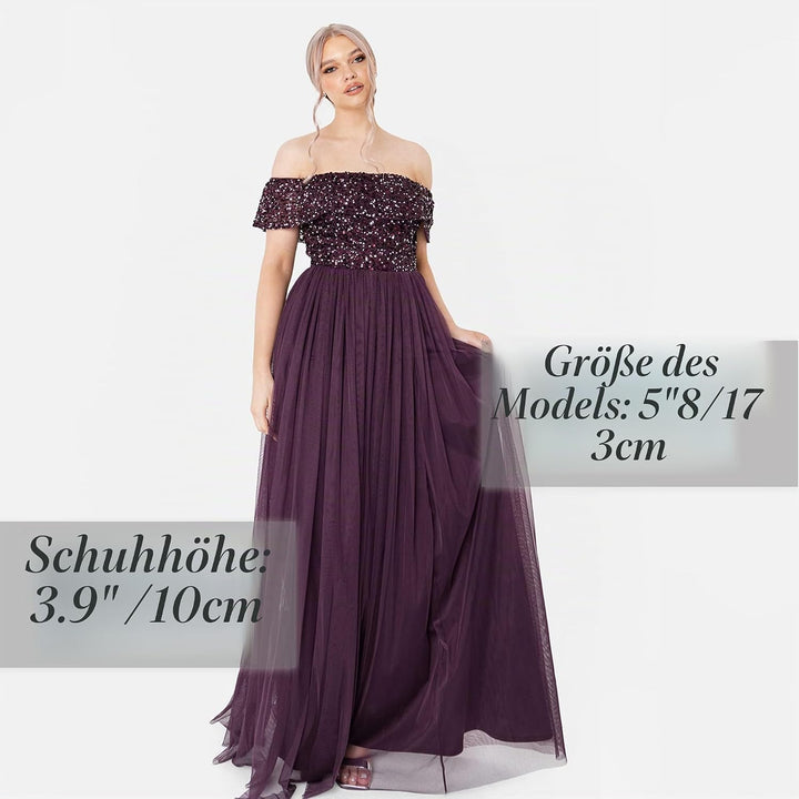 Maya Deluxe Abendkleid Damen Brautjungfernkleid Bardot Paillettenverzierung Abendkleid Elegant für H