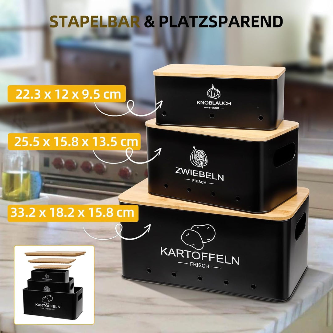 3er Set Kartoffel Aufbewahrungsbox Schwarz - Rechteckiger - Kartoffel Zwiebel Knoblauch Aufbewahrung