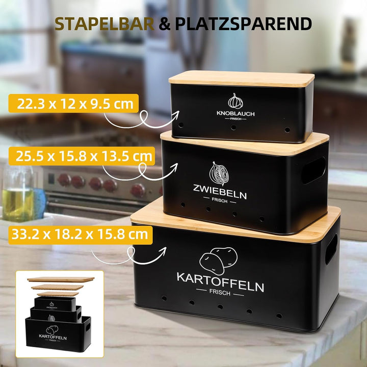 3er Set Kartoffel Aufbewahrungsbox Schwarz - Rechteckiger - Kartoffel Zwiebel Knoblauch Aufbewahrung