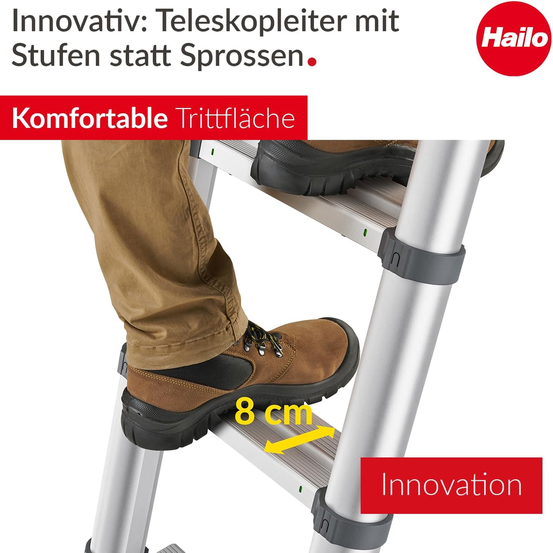 Hailo T100 FlexLine Sicherheits-Teleskopleiter - ausziehbare Leiter aus Aluminium mit bis zu 11 Stuf