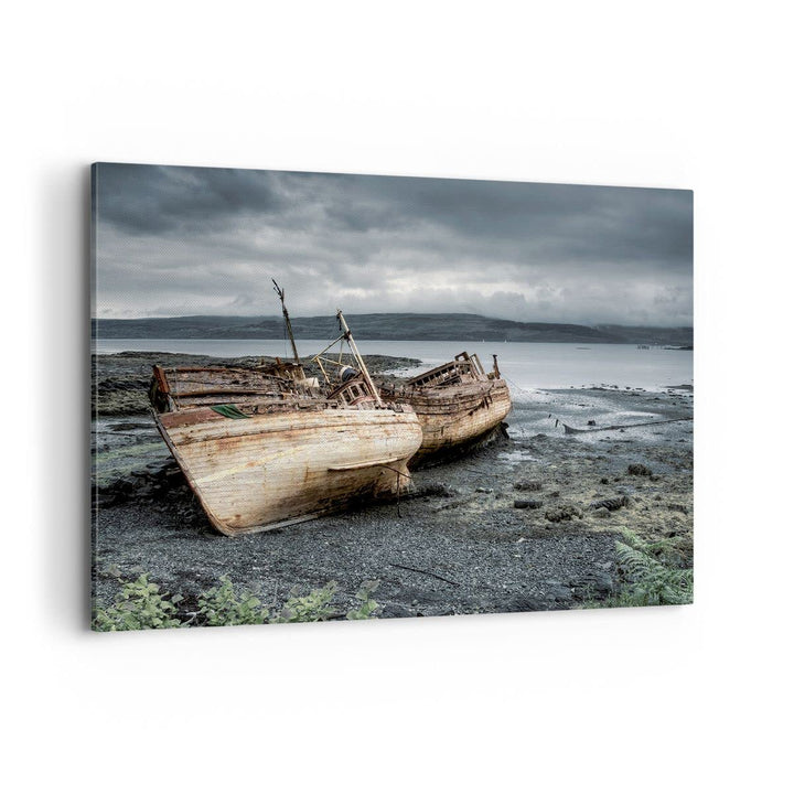 Bilder auf Leinwand 100x70cm Leinwandbild mit Rahmen Boot Wrack Ufer Gross Wanddeko Bild Schlafzimme