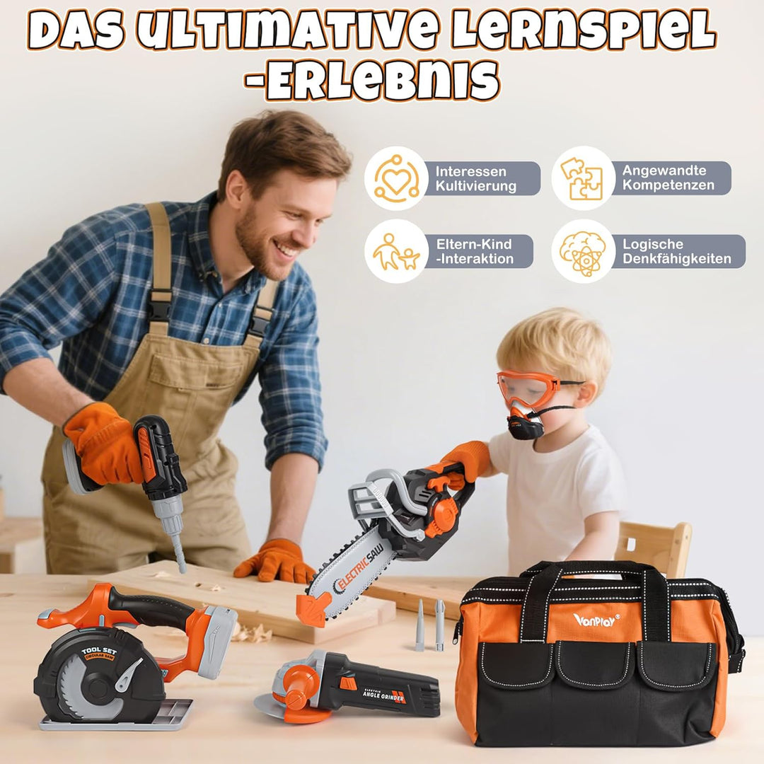 Vanplay Werkzeugkoffer Kinder Luxusmodell, Spielzeug Geschenk Junge Kinder ab 3、4、5 Jahren mit Elekt