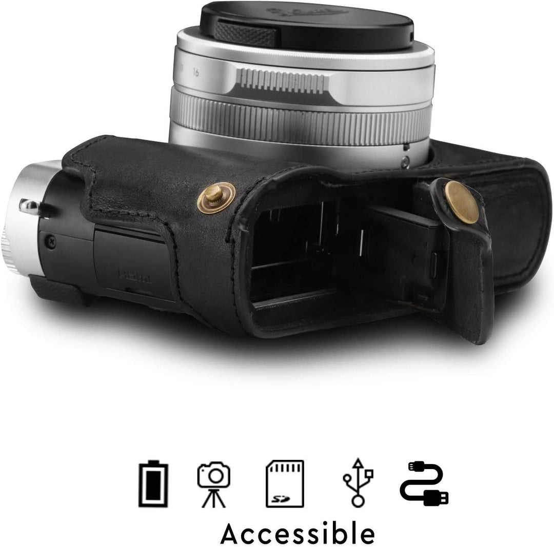 MegaGear MG1603 Leica D-Lux 7 Ever Ready Echtleder Kamera-Halbtasche mit Trageriemen - Schwarz, Schw