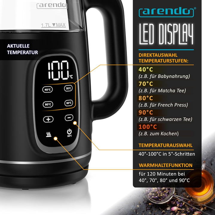 Arendo - Glas Wasserkocher mit Temperatureinstellung - Edelstahl - Doppelwand Design Cool Touch - Di