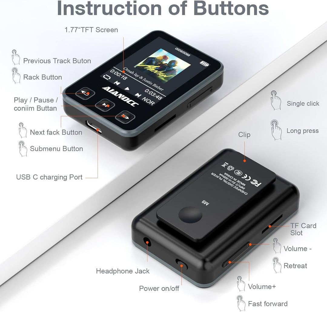 MP3 Player Bluetooth 5.3 mit Sport Clip und Sportarmband, mp3-player mit 1,77 Zoll TFT Farbbildschir