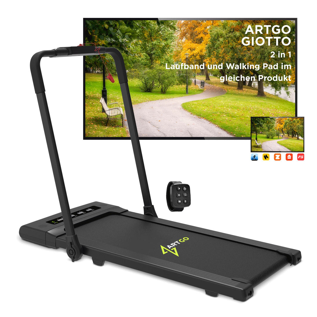 ArtGo GIOTTO 2-in-1 Elektrisches Laufband, 11 cm Dicke, 10 km/h, App KINOMAP ZWIFT BITGYM, Fernbedie